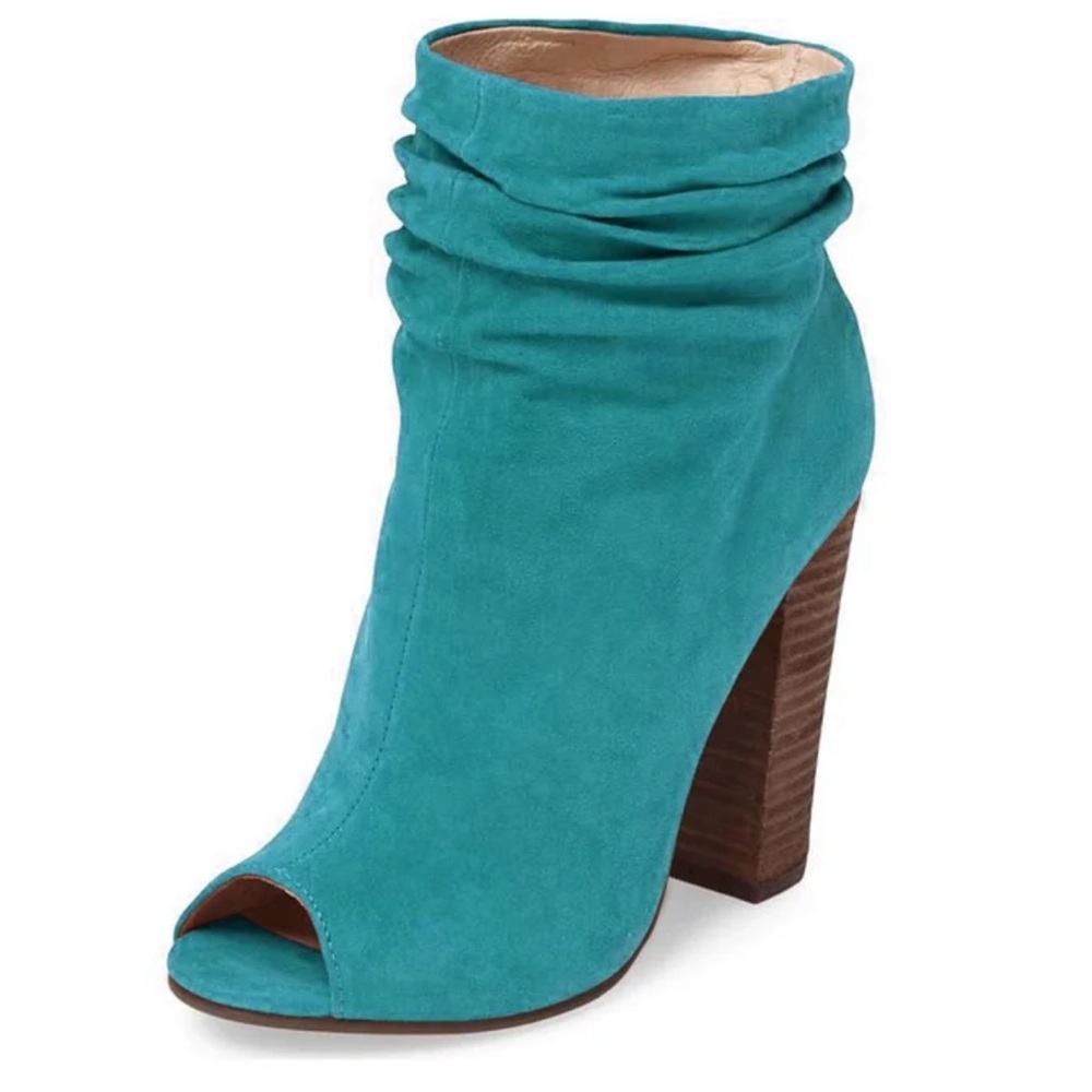Fsj Teal Peep Toe Booties Vegan Suede Slouch Chunky Heel (Size 9.5)